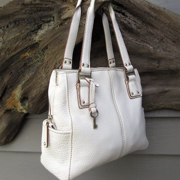 Fossil Handbags - FOSSIL WHITE PEBBLED GENUINE LEATHER TOTE,  3 SECTIONS INSIDE, 9 X 11 X 5